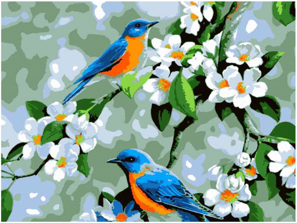 Птички на ветке с цветами