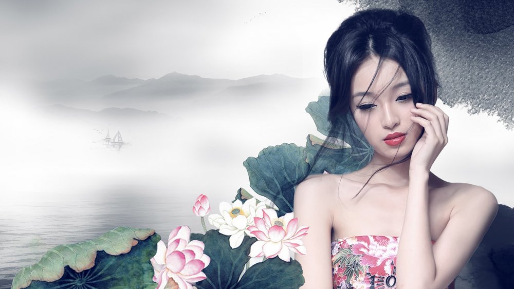 Красивая китаянка с цветами