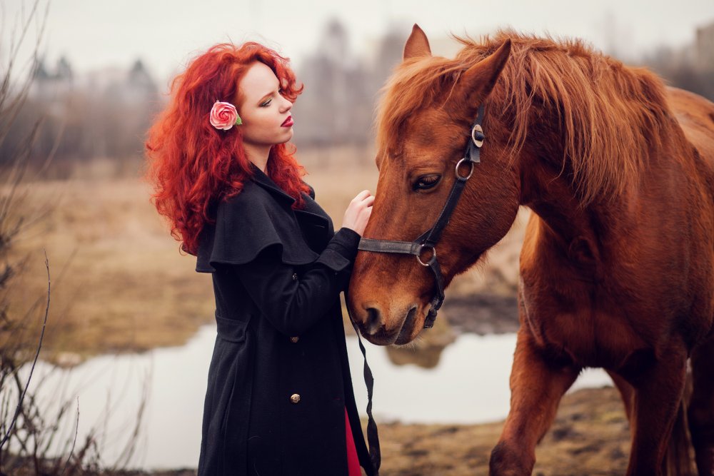 Девушка с рыжими волосами и конем