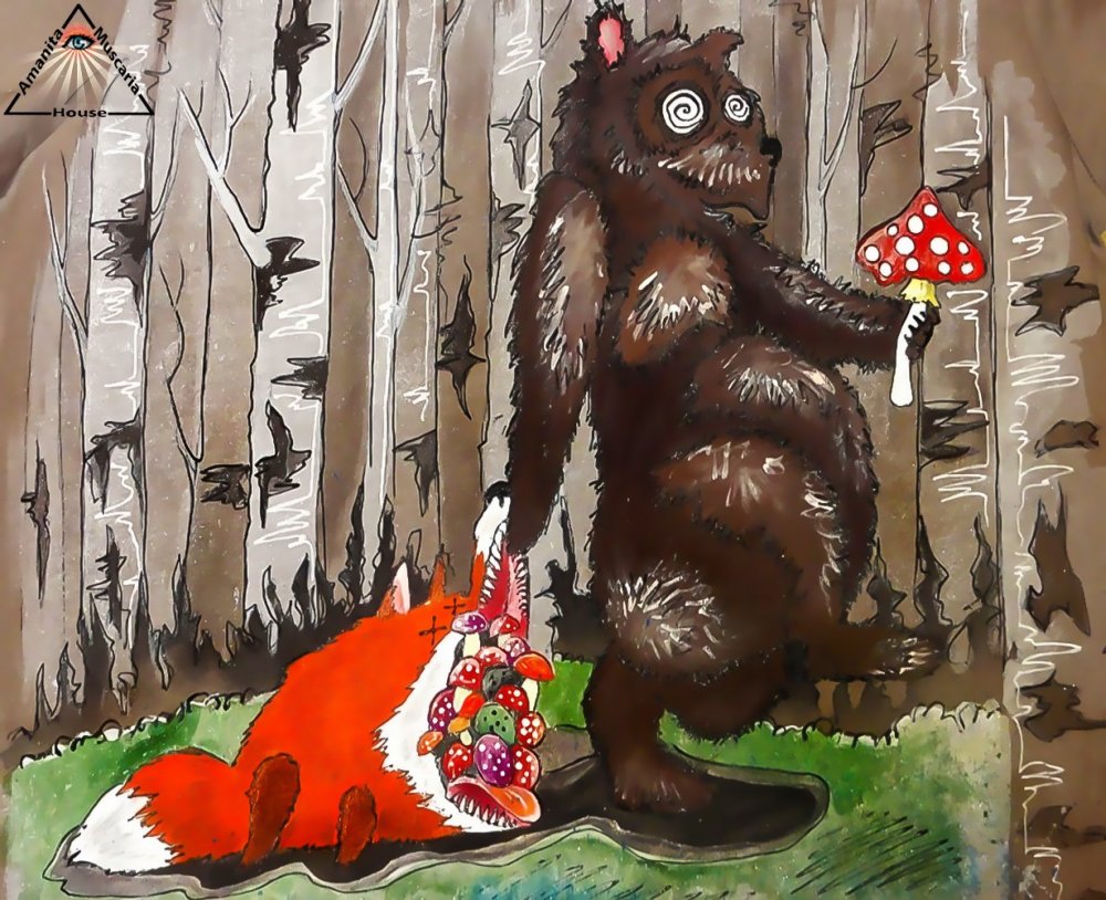 Медведь собирает грибы лису
