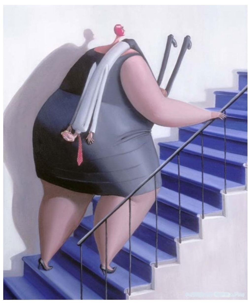 Толстушка вид снизу. Картины художницы Sarah Jane Szikora. Карикатуры на толстых женщин.