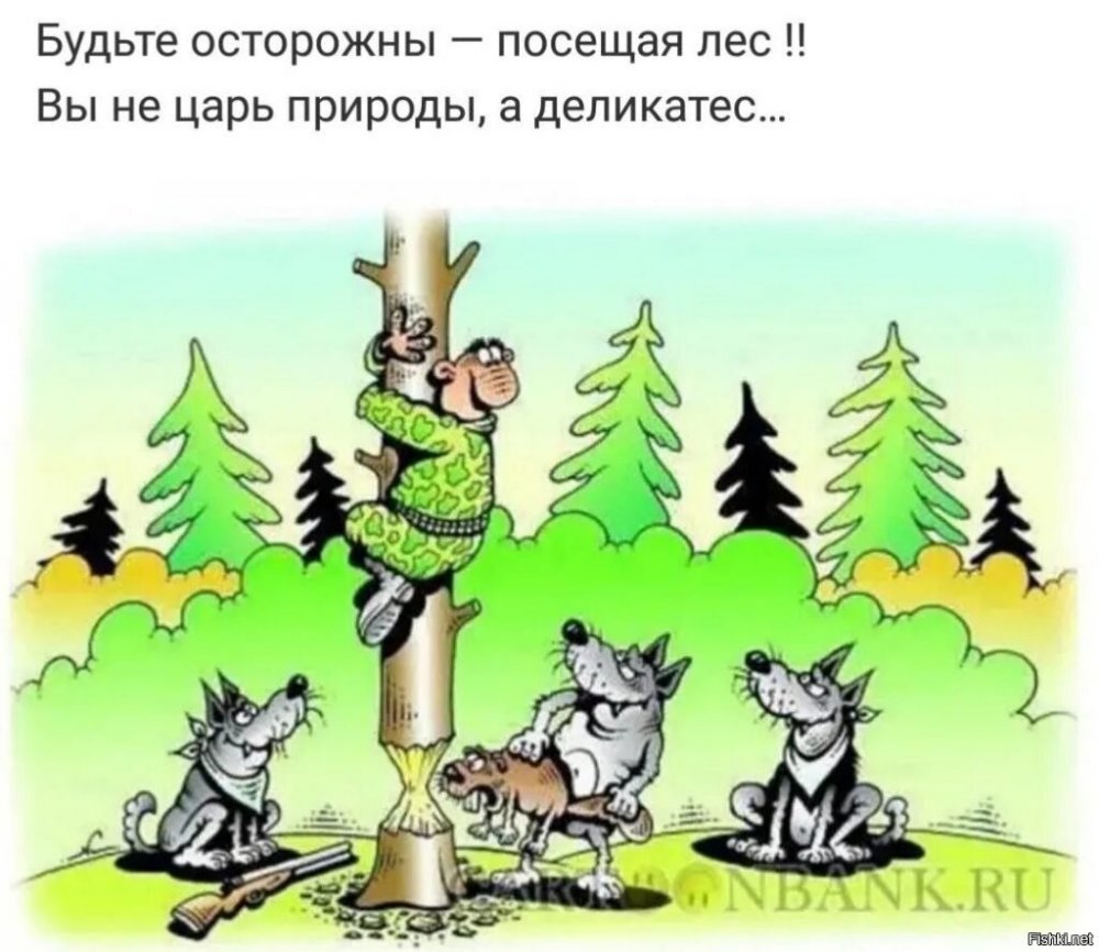 Карикатура волки и охотник