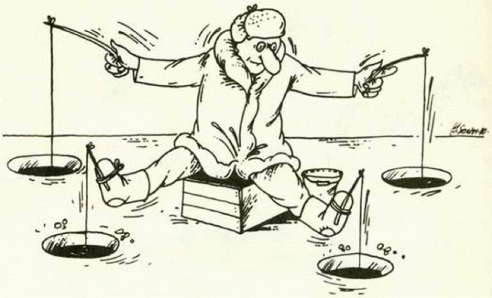Карикатура рыбака с удочкой