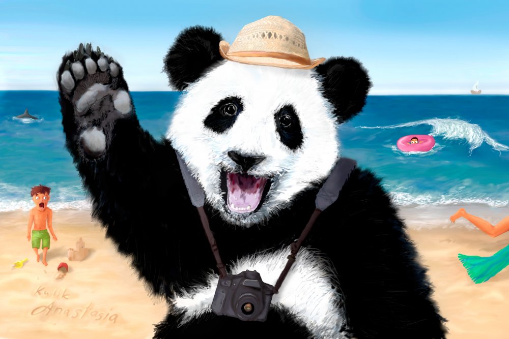 Панда на пляже