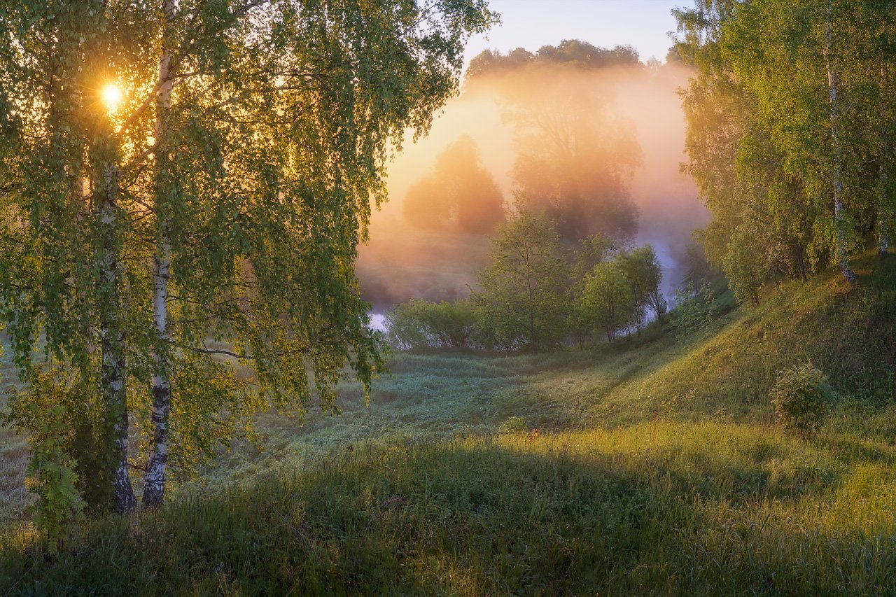 Лучик солнца блеснул из за леса. Утро (Утренняя Заря) (1534). Река Немдеж. Летний рассвет. Раннее утро.