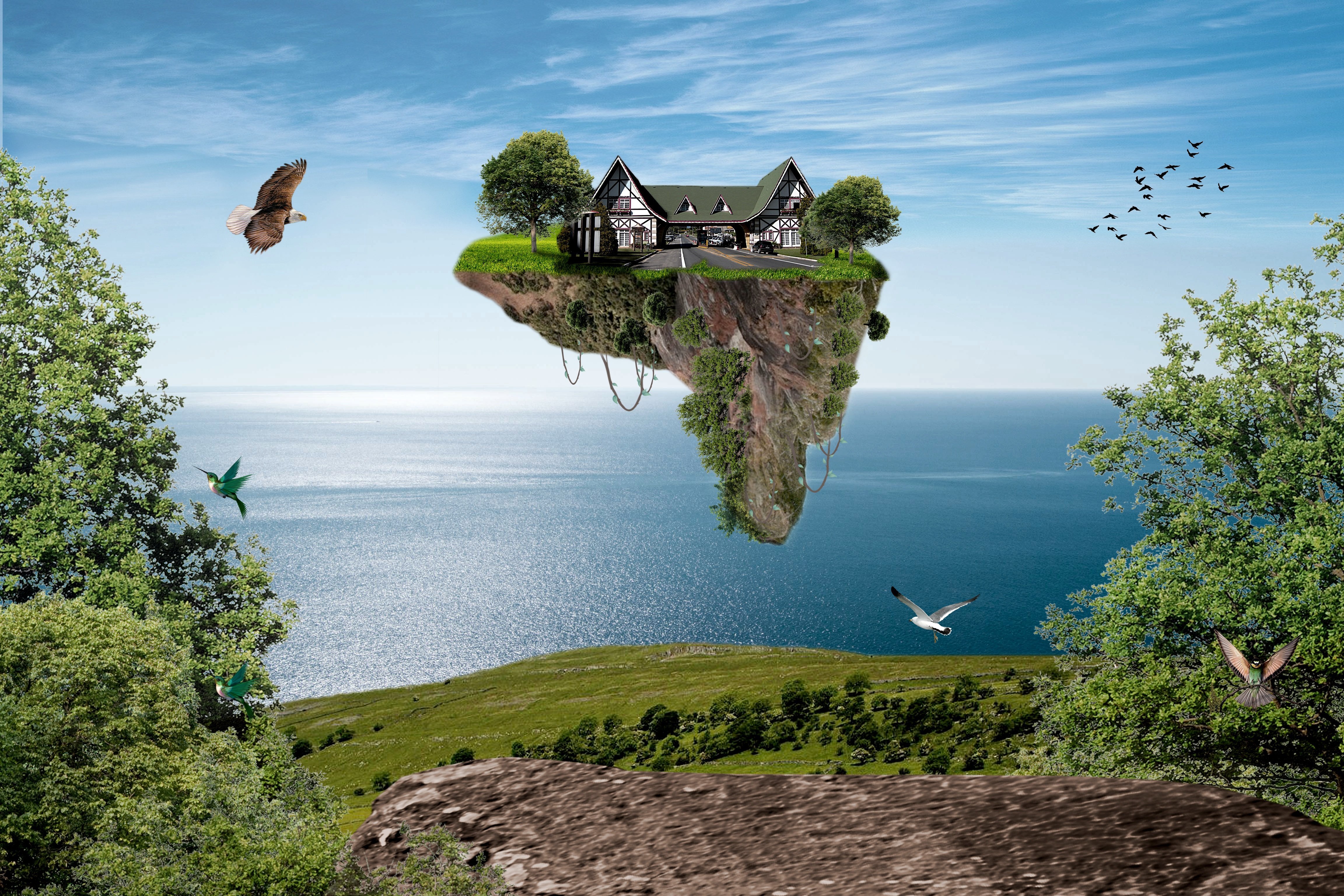 Fly island. Летающие острова. Парящие острова. Остров в воздухе. Дом на летающем острове.
