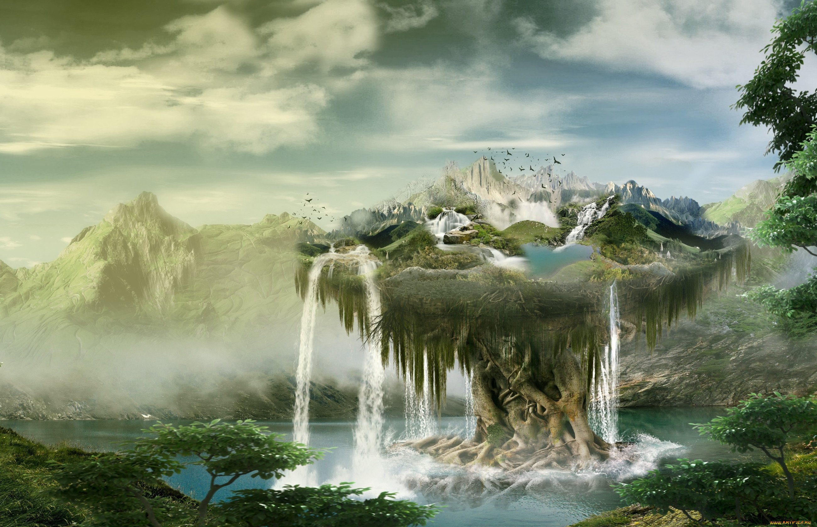 Водопад летящая вода. Фантастические пейзажи. Фэнтези пейзажи. Пейзажи в стиле фэнтези. Фантастические водопады.