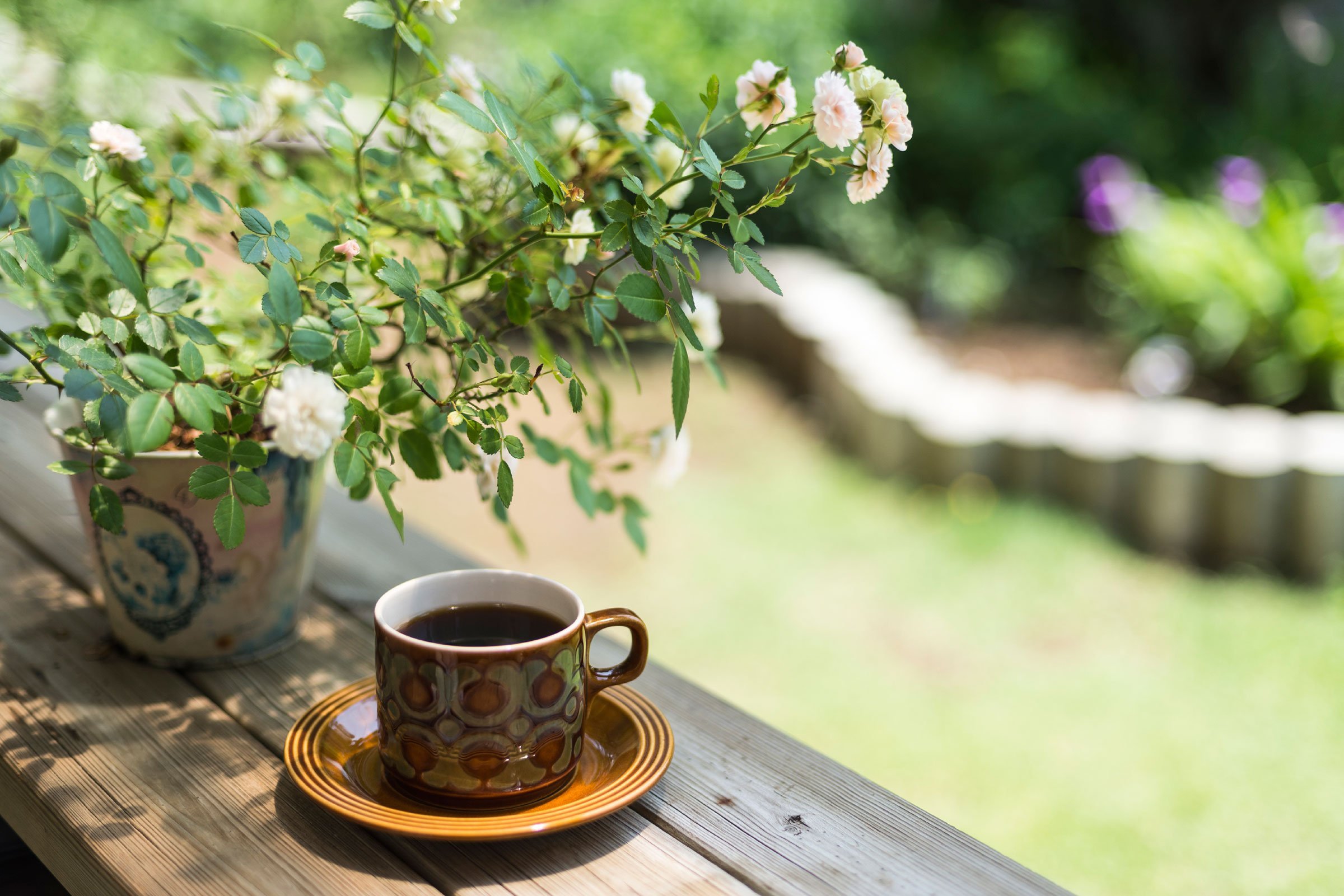 Весенняя чашка чая. Утренние цветы. Чай на природе. Кофе и цветы. Кофе на природе.