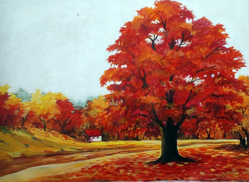 Деревья осенью гуашью