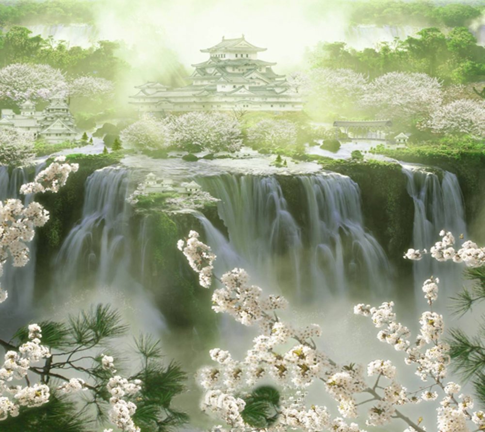 Японский пейзаж с водопадом