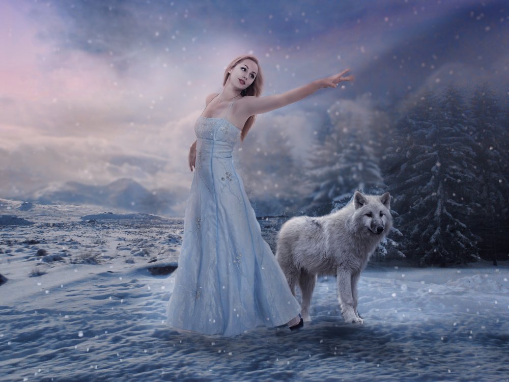 Белый волк и девушка