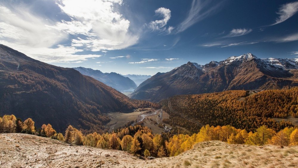 Осень, деревья, горы, Долина, Альпы