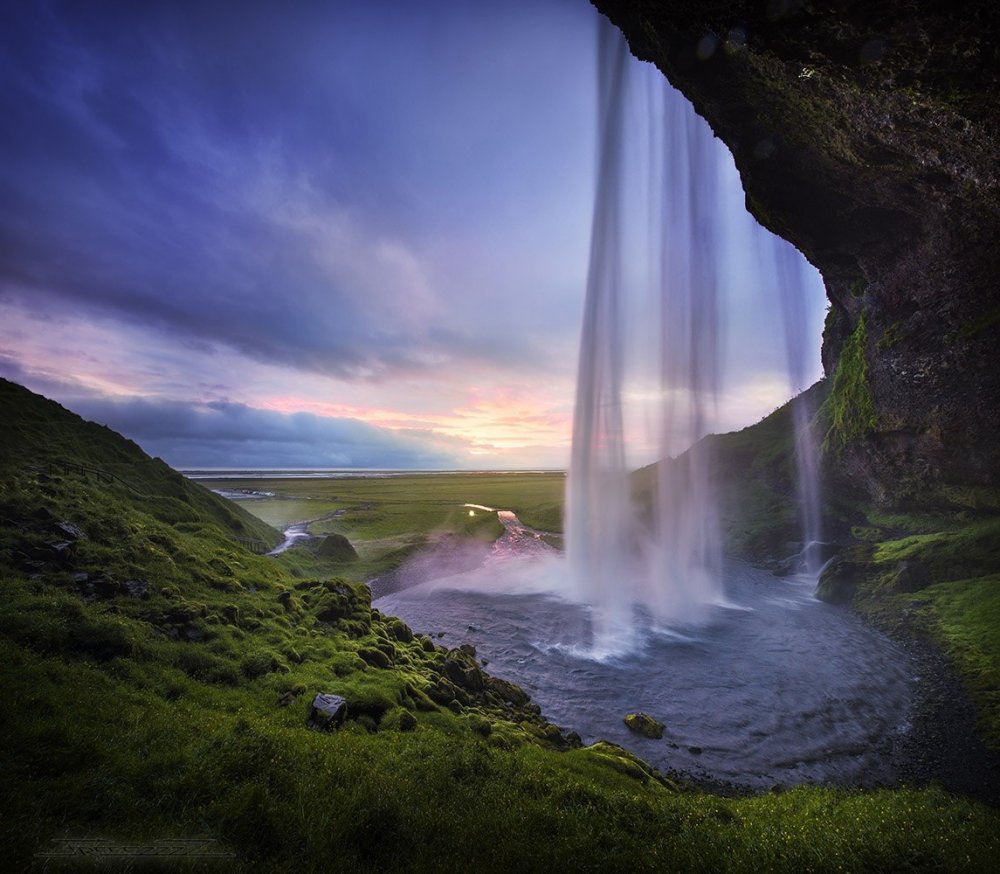 Водопад Сельяландсфосс, Исландия закат