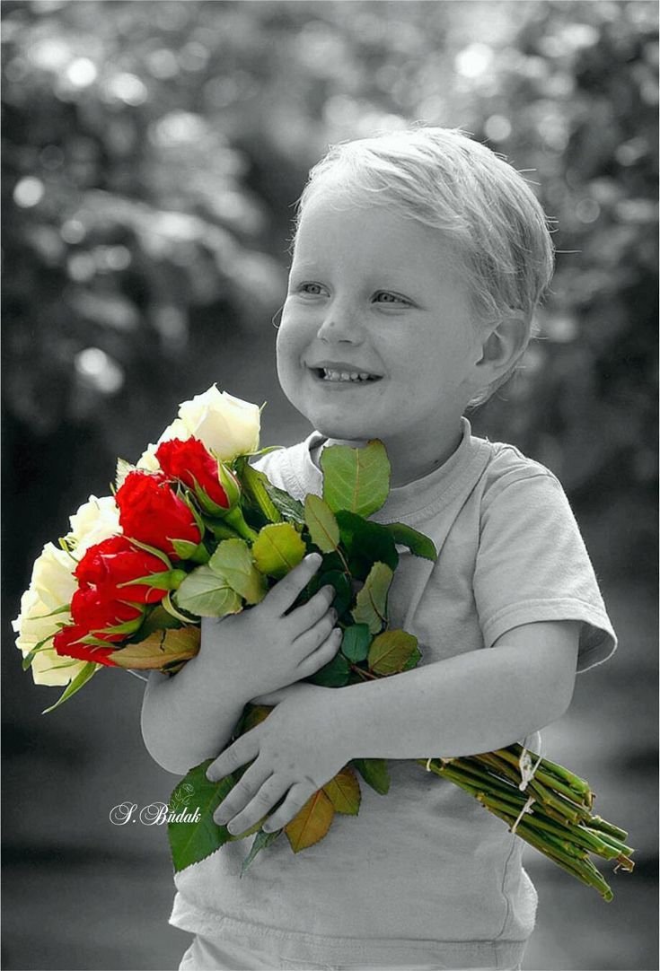 Мальчик дарит розы