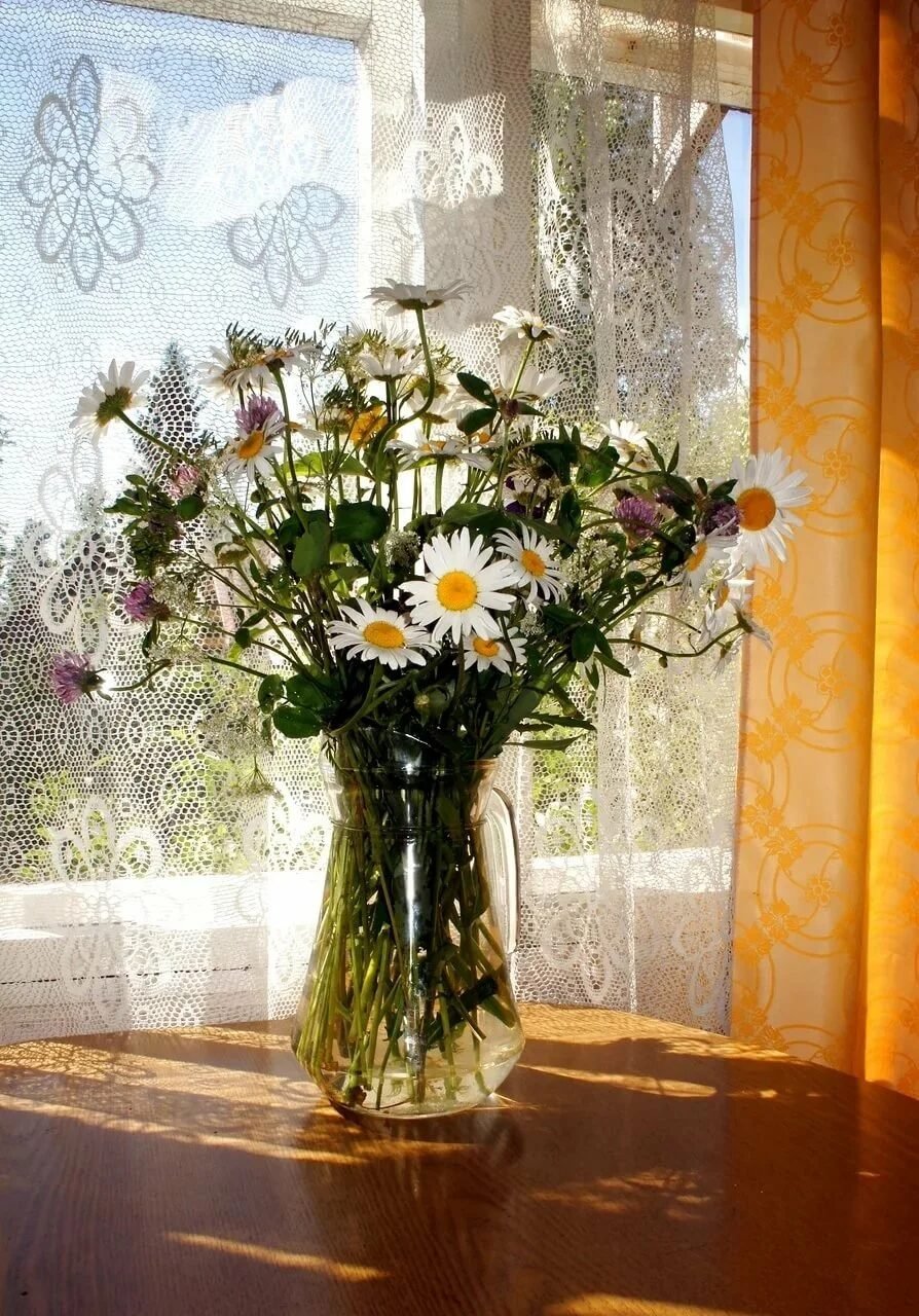 Цветы в вазе на подоконнике