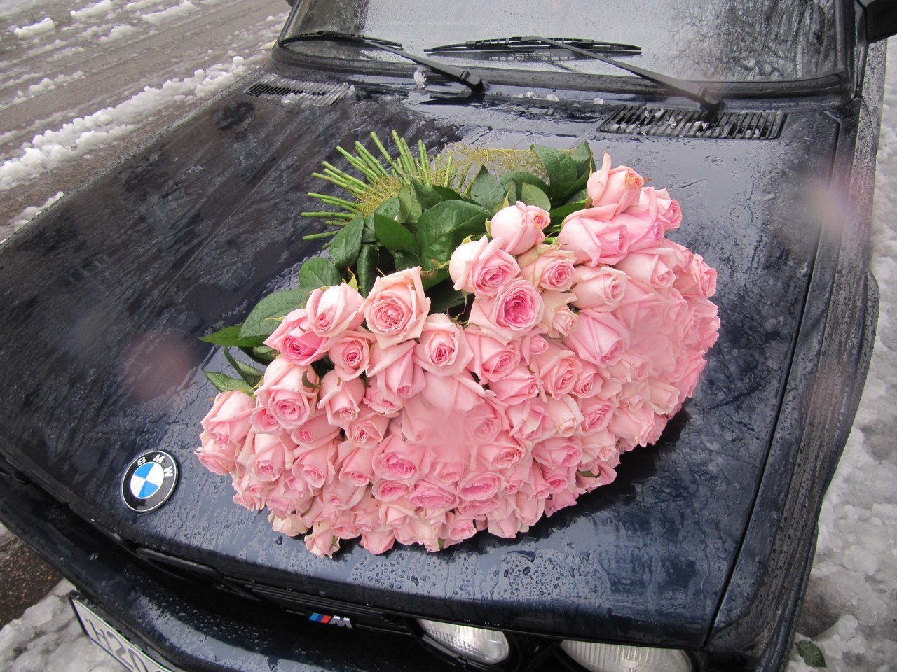Благодарный машины. Цветы в БМВ е39. БМВ е60 цветы на капоте. Машина с цветами. Букет цветов на капоте машины.