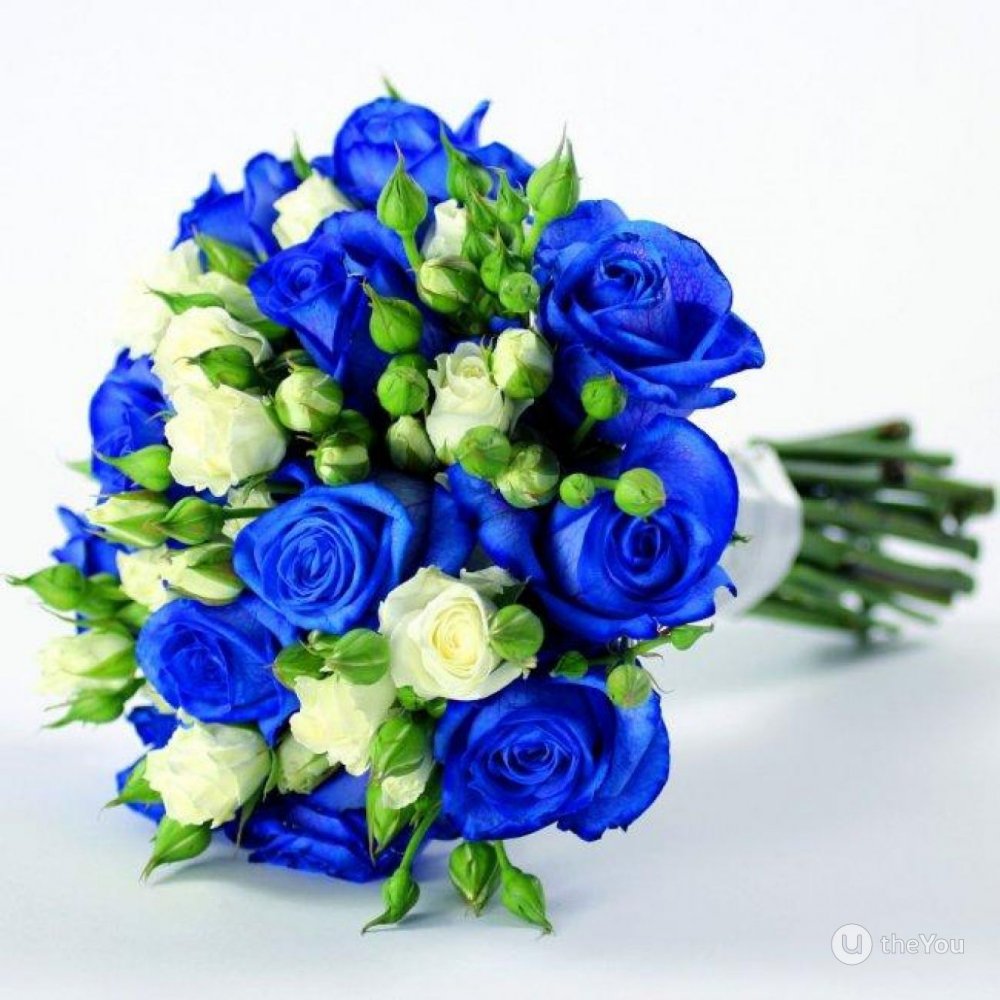 Девушка с букетом синих роз