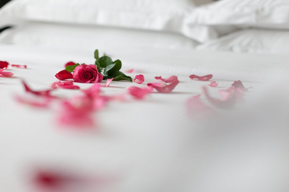 Лепестки цветов на кровати