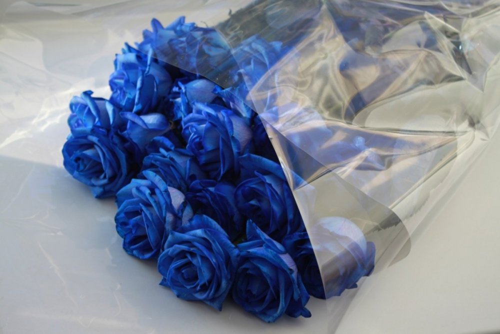 Букет синих роз на кровати