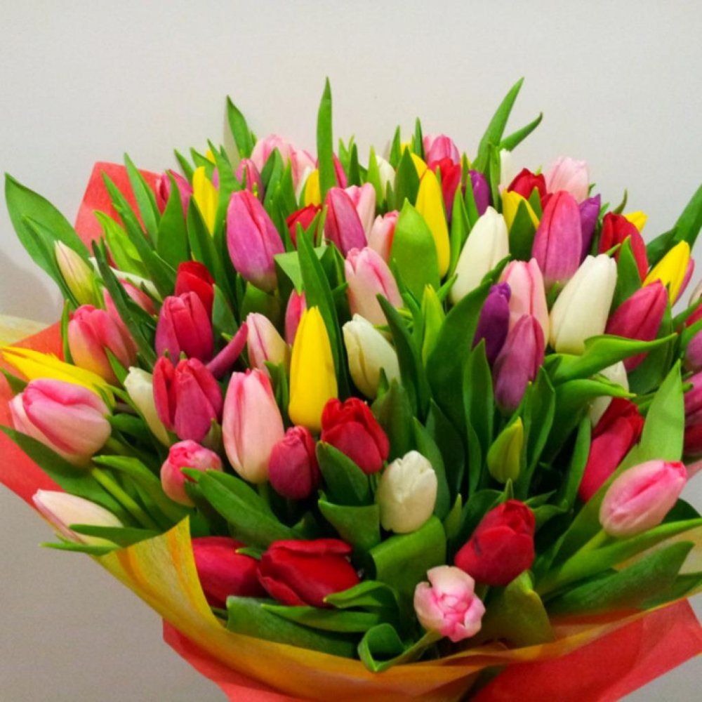 Огромный букет разноцветных тюльпанов