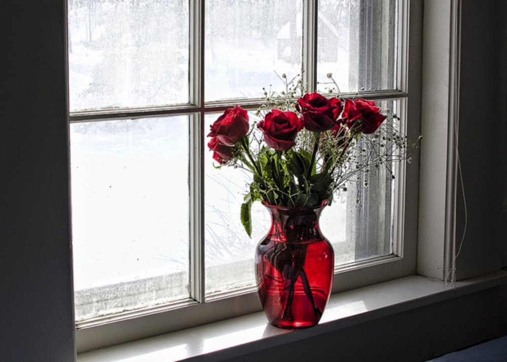 Розы в вазе на окне