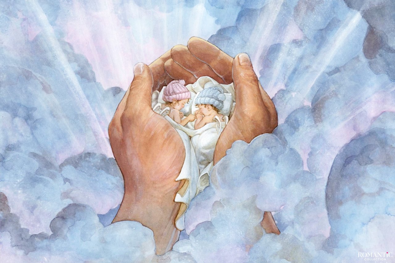 Вершина творения. Рука Бога. Малыш на небесах. Младенец в руках Бога. Бог и ангелы.