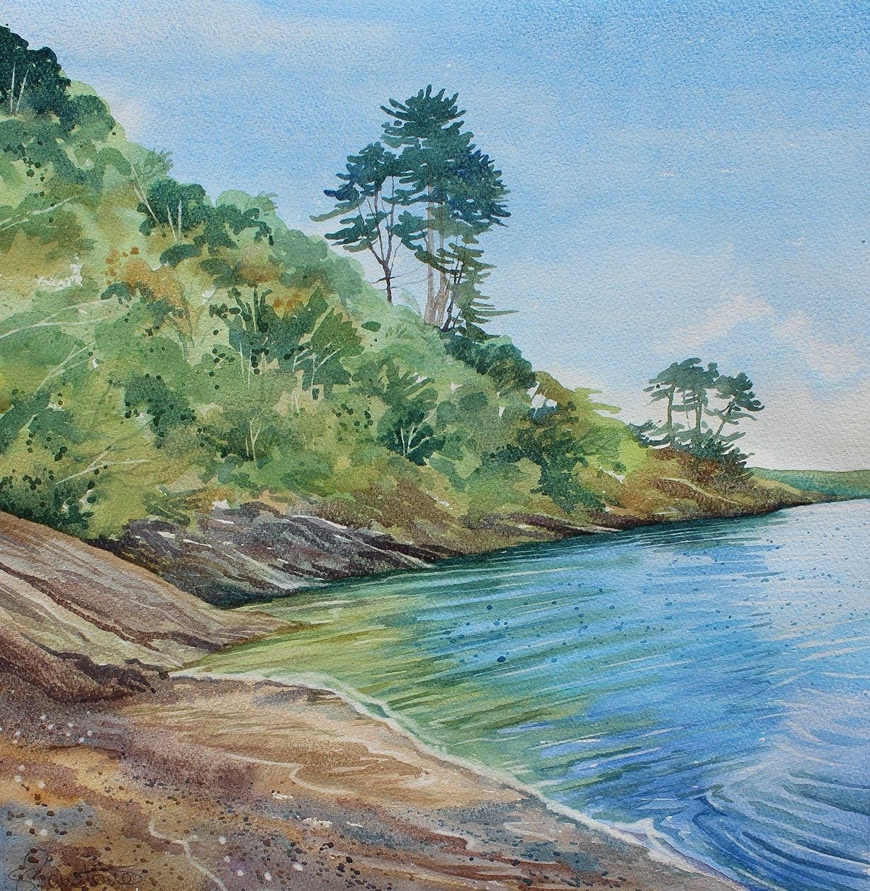 Рисунок показывающий красоту реки озера или моря. Берег реки акварелью Этюд. Речка акварелью. Пейзаж цветными карандашами.