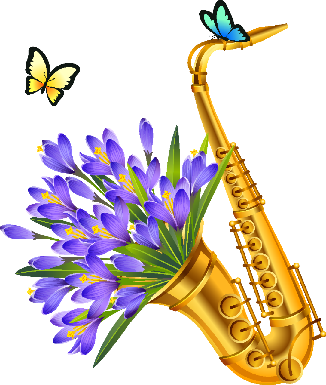 Саксофон поздравления. Музыкальные инструменты и цветы. Духовые инструменты и цветы. Весенний клипарт на прозрачном фоне. Музыкальный букет цветов.
