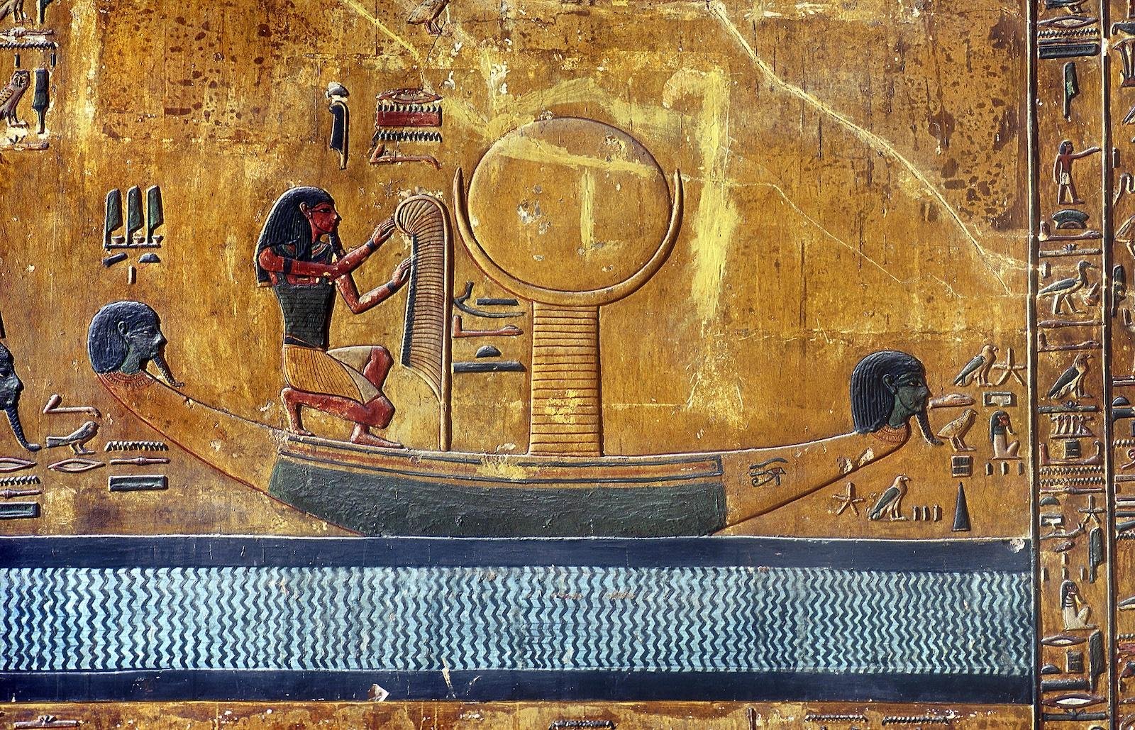 Годы жизни ра. Солнечная Ладья древний Египет. Погребальная Ладья в древнем Египте. Фрески древний Египет Ладья. Гробница Тутанхамона фрески.