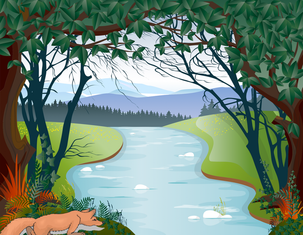 Рисунок речка и деревья