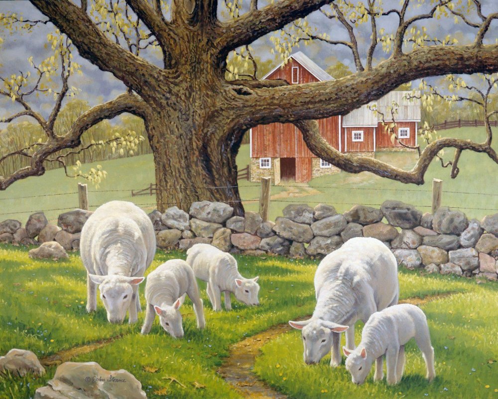 Поле с овцами картина
