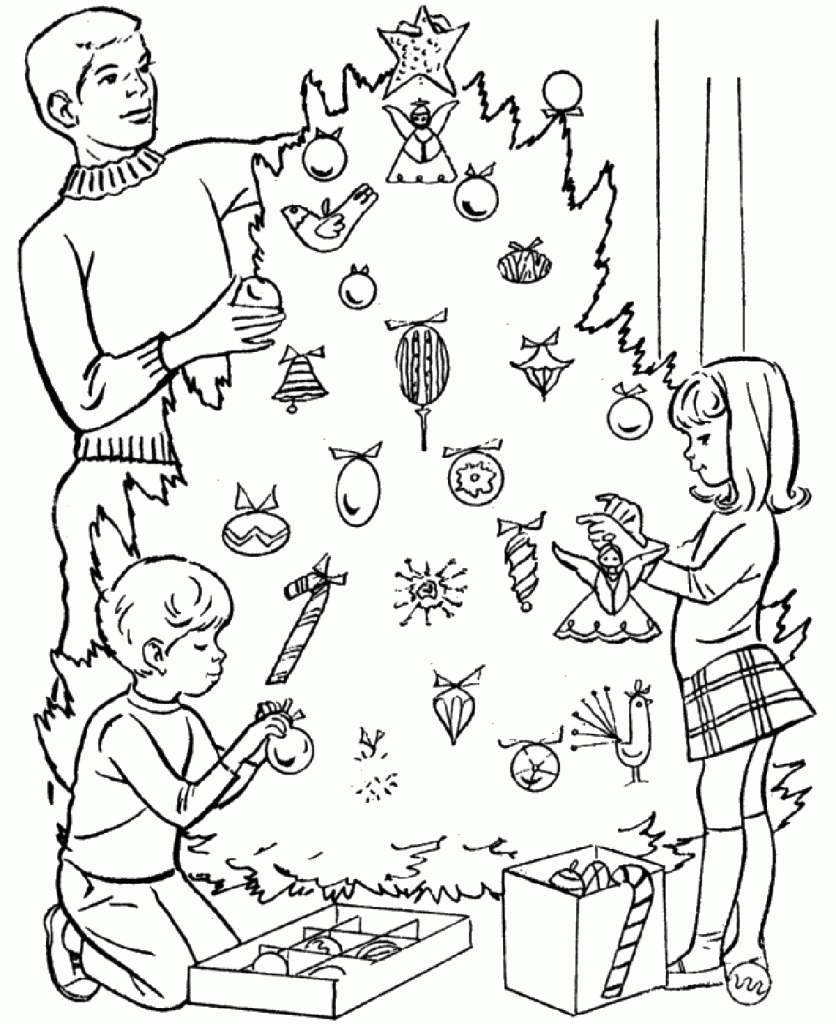 Дети наряжают елку раскраска