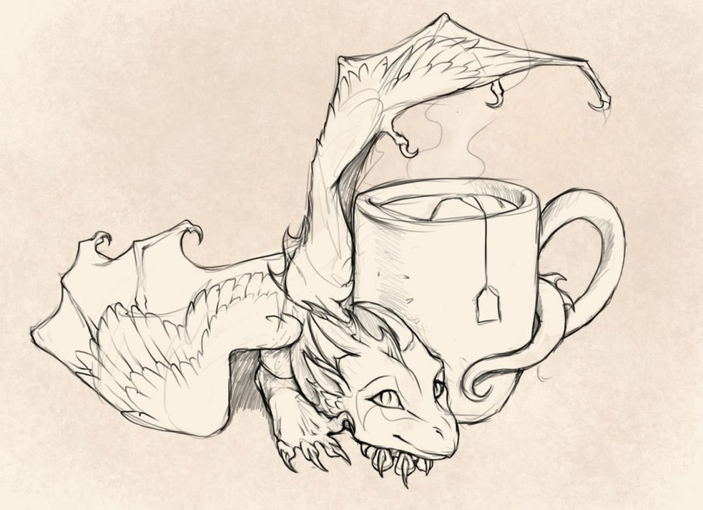 Дракон с кружкой чая