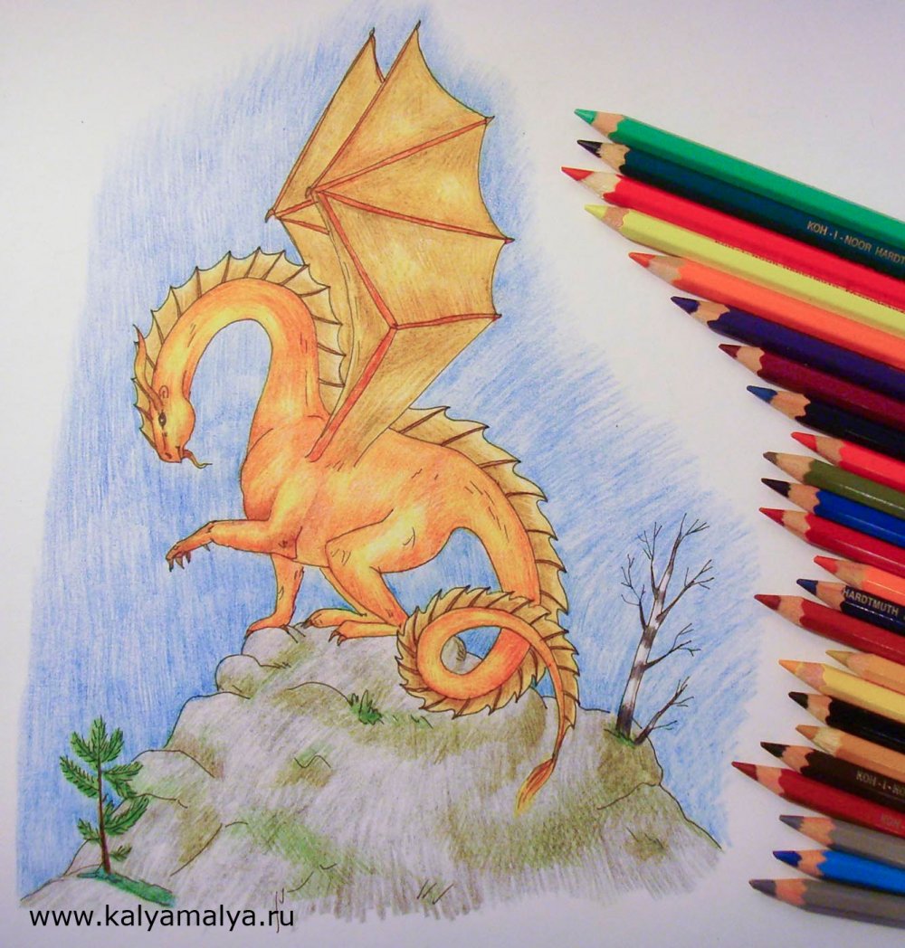 Дракон цветными карандашами