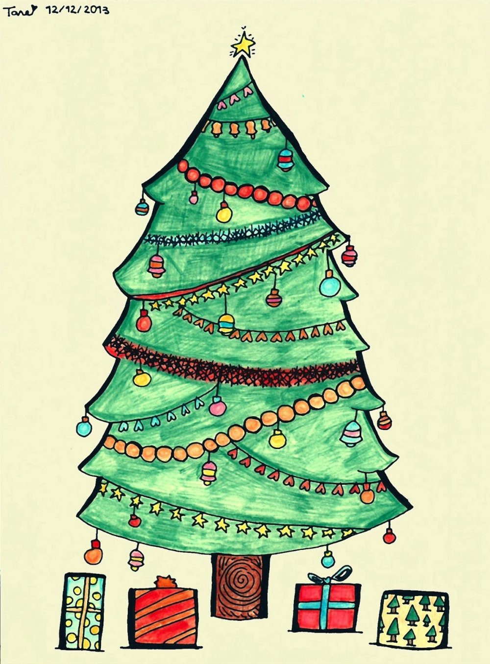 Новогодняя елка рисунок маркерами