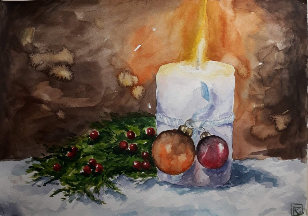 Рождественская свеча акварель
