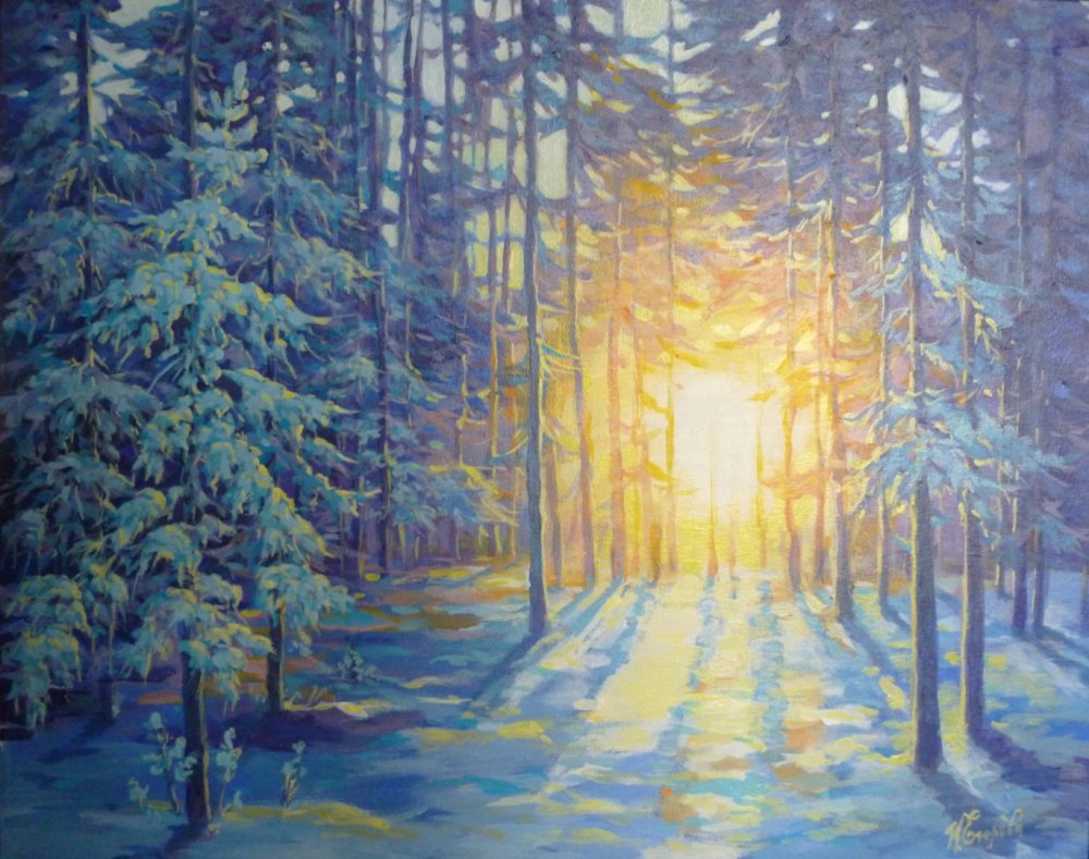 Солнечный зимний лес живопись