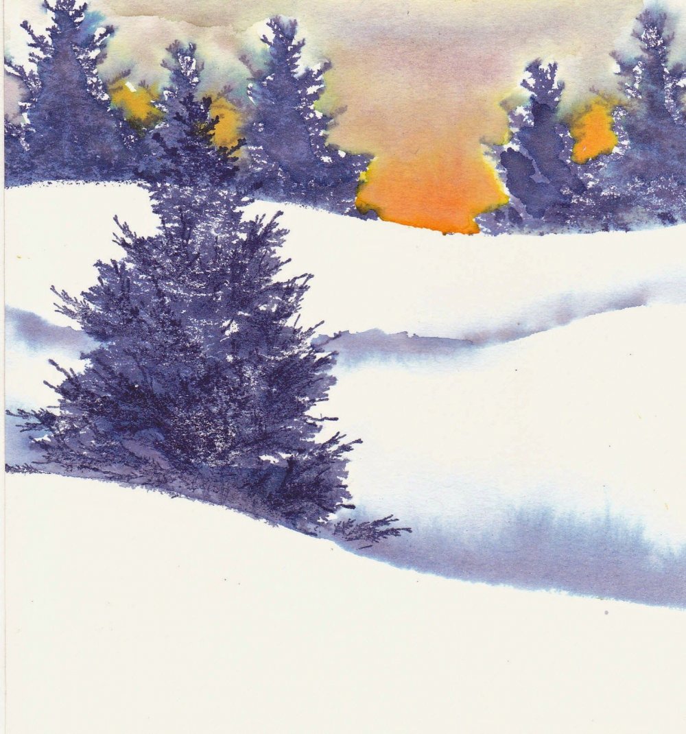 Декоративный зимний пейзаж акварелью