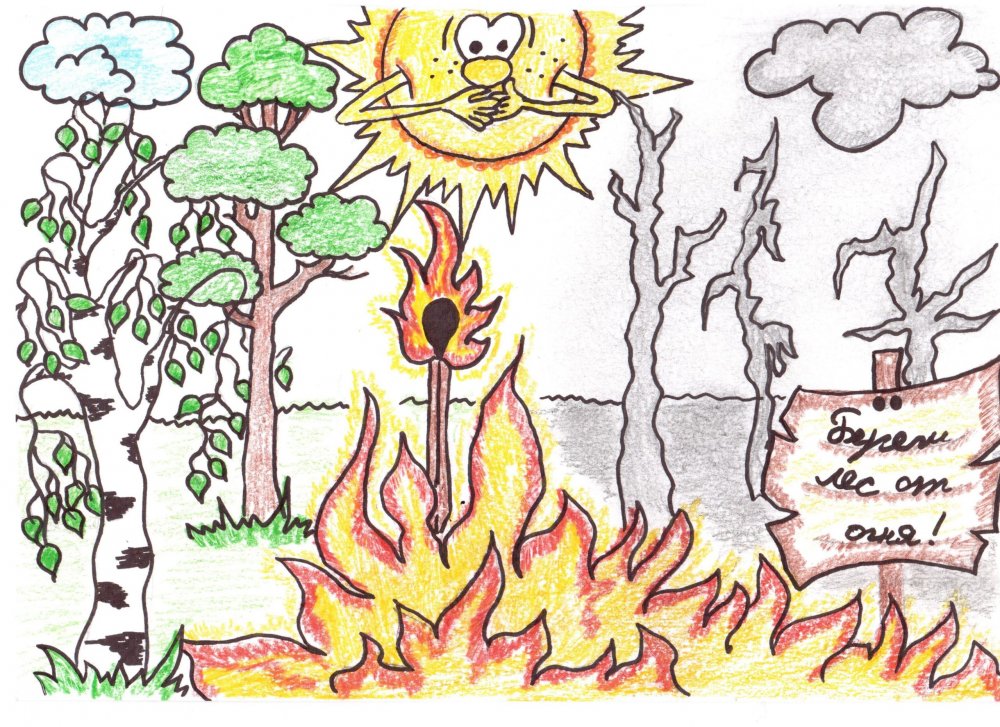 Пожар в лесу рисунок для детей