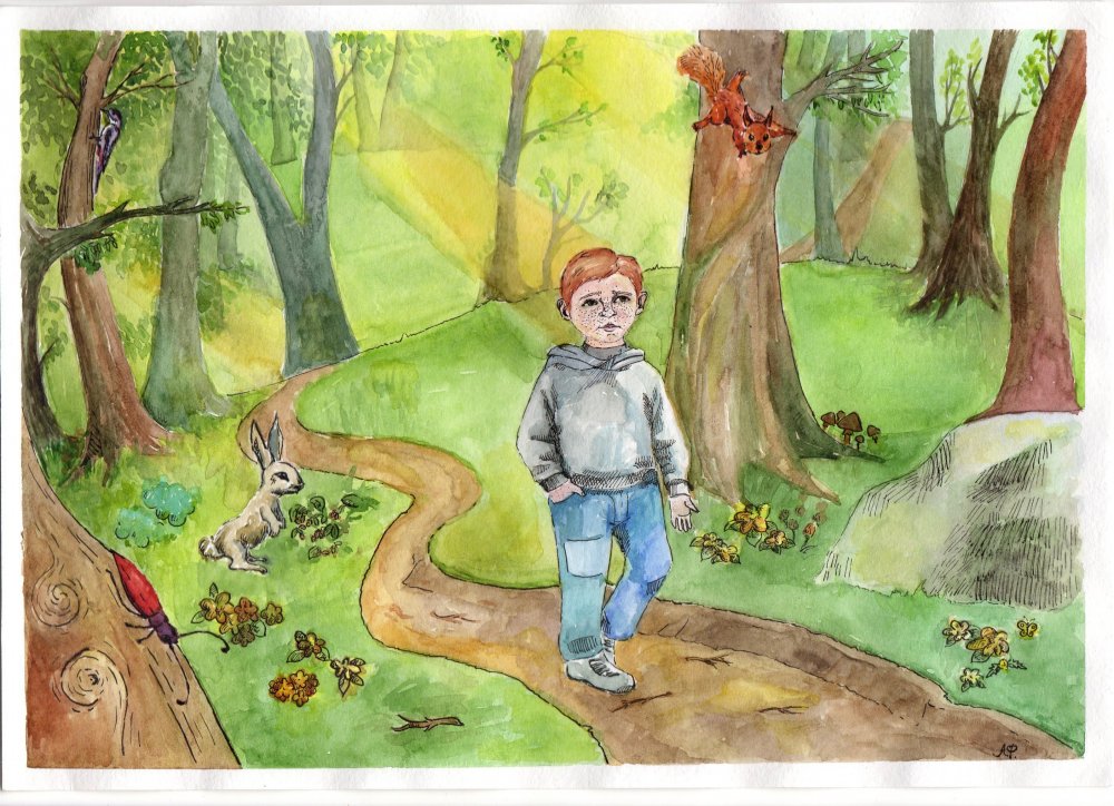 Мальчик в лесу рисунок
