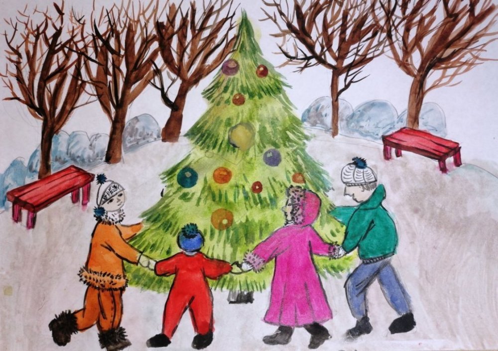 Рисунок на новый год дети вокруг елки