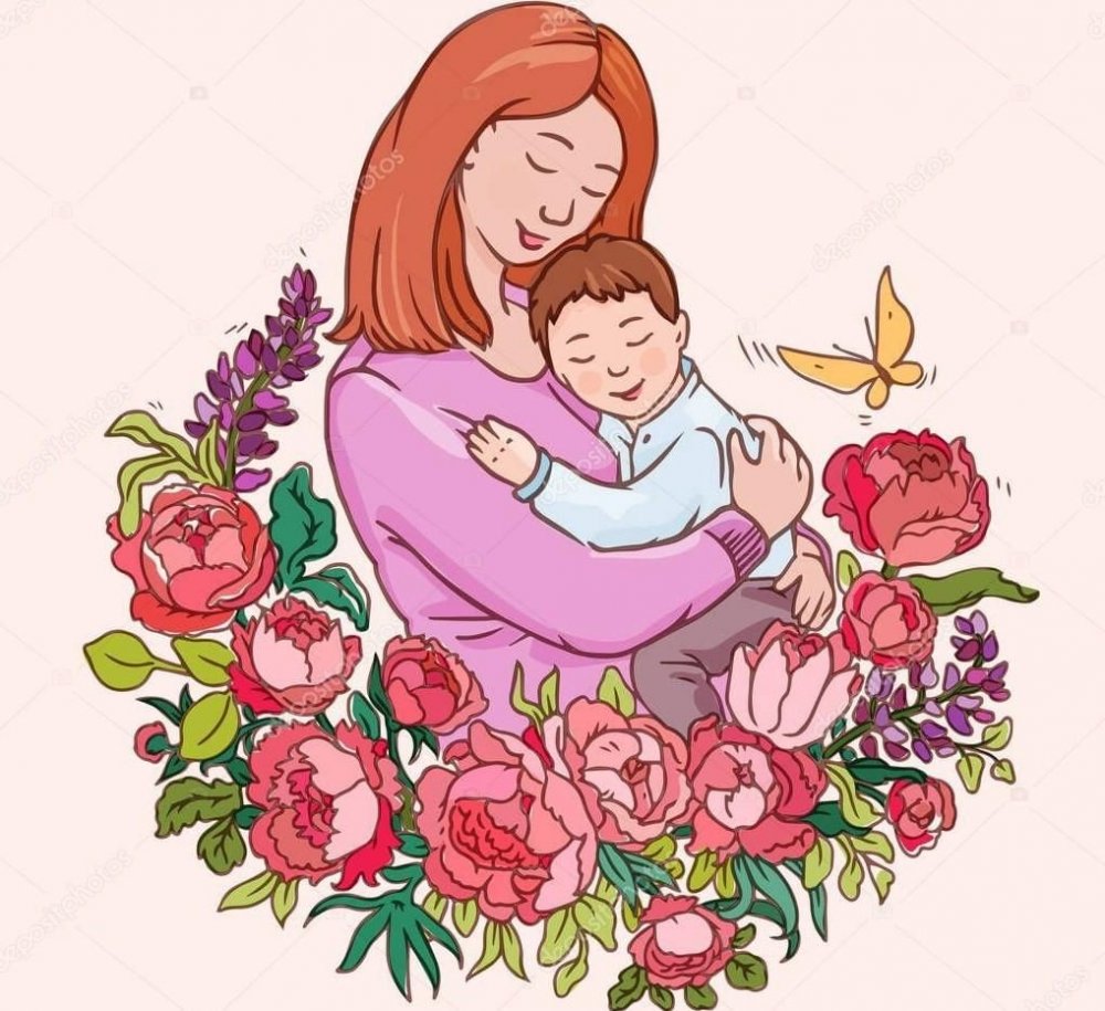 Мама с цветами рисунок