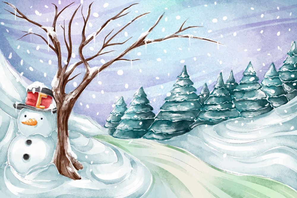 Рисование зимний пейзаж Снеговик