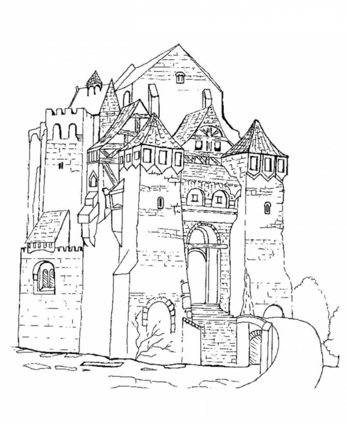 Рисунок старой крепости. Замок в романском стиле рисунок. Романский замок средневековья рисунок. Раскраска старый замок Мусоргский. Раскраска замок.