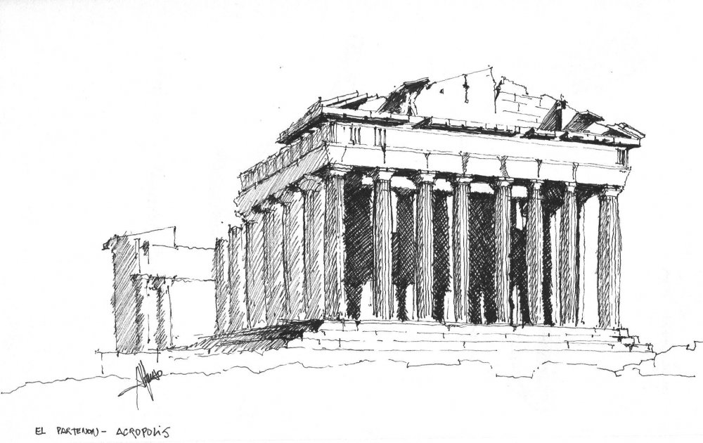 Храм Афины Парфенон черно белый