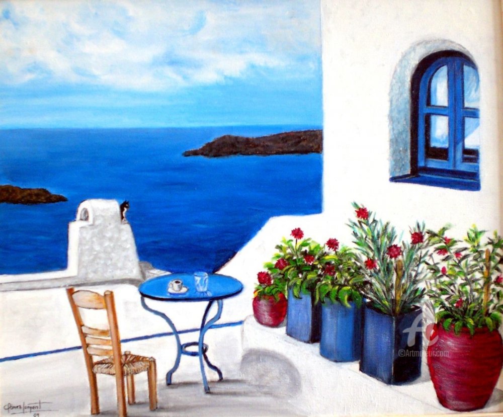 Дом в Греции у моря живопись