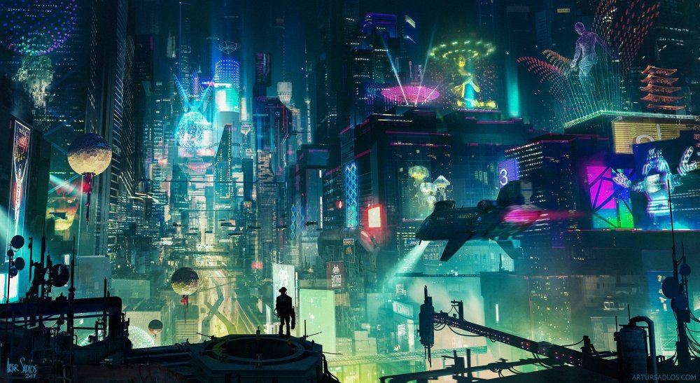 Cyberpunk 2077 арт неон город